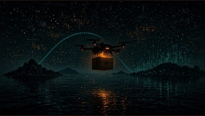 Illustration of a drone carrying a sealed box over dark water between islands, with a dotted flight path