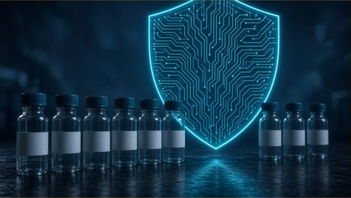 UK Pledges £165m for AI Biosecurity Ahead of Budget | TSN Illustration of blank glass sample vials on a dark lab bench in front of a glowing shield made of circuit lines