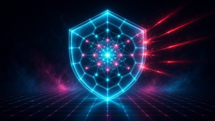 Symbol-only illustration of a glowing hexagonal shield protecting a luminous neural-network core, with red intrusion streaks deflecting off it.
