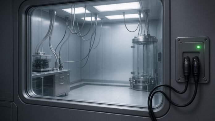 Sealed glass testing room with unplugged cables and a green status light