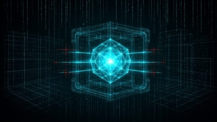 UK AISI Sets Out Priorities for Frontier AI Best Practice Glowing AI core inside a lattice of safety barriers and scanning beams