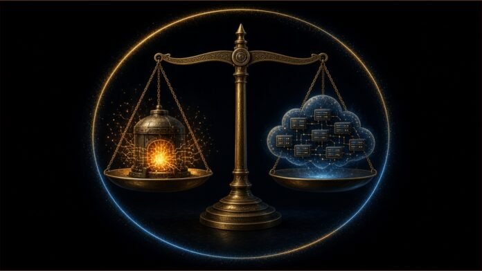 UK Science Council Urges AI Sovereignty Plan | TSN Illustration of a balance scale weighing a glowing forge against a cloud of servers.