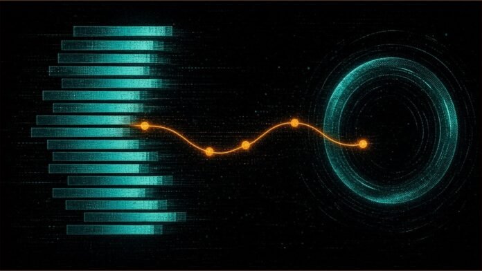 Illustration of stacked teal bars joined by an amber line with glowing nodes to a teal ring.