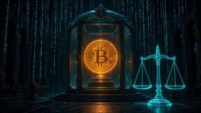 UK Court: Chinese Law Governs Claims to 61,000 Seized BTC Glowing bitcoin locked in a vault beside neon scales of justice