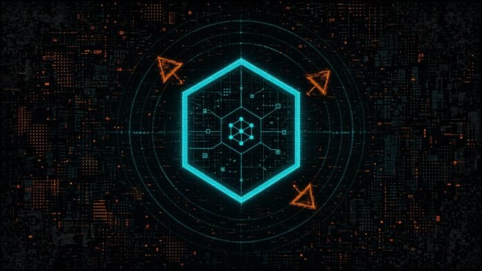 Symbol-only illustration of a glowing hexagonal shield with radar arcs sweeping across it, three small orange drone-shaped triangles breaking up against its edge and a network node at its centre.