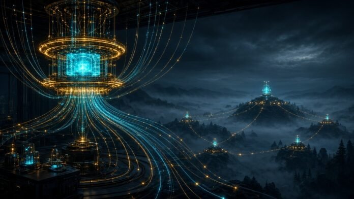 Glowing atom orbit linked by circuit traces to rail, lens and radio-wave icons