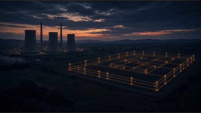 A power station beside an empty site outlined in amber wireframe at dusk.