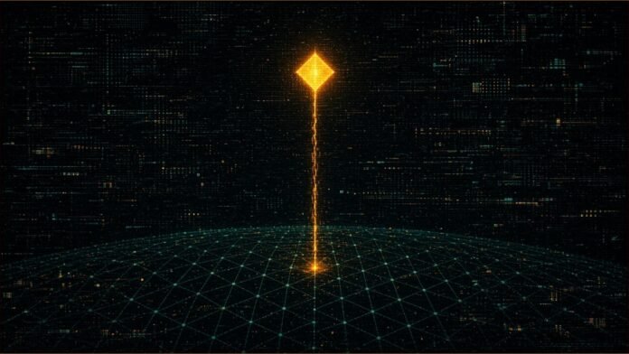 UK Space Agency Sets Out AI Roadmap to 2036 | TSN Illustration of a glowing amber diamond node linked by a thin beam of light to a teal grid on a dark curved surface.