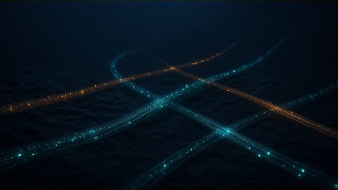 Illustration of thin glowing teal and amber fibre-optic cables crossing a dark seabed, with light pulses travelling along them