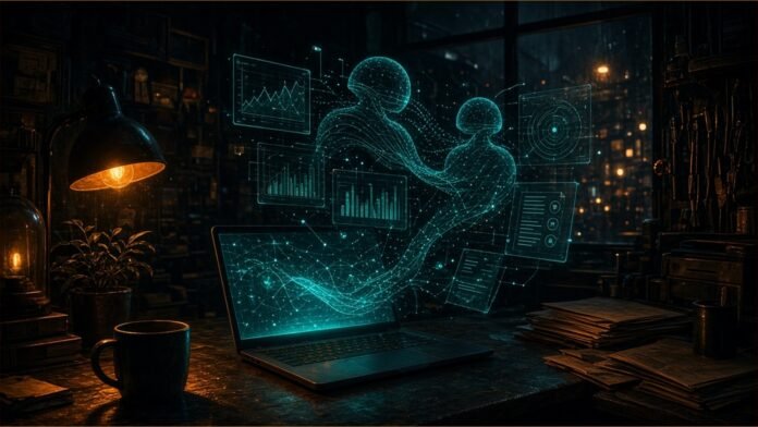 UK and US Small Firms: What AI They Actually Run A small office desk with a laptop and holographic charts and assistant figures.