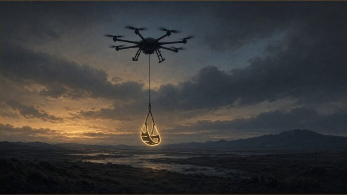 Illustration of a six-rotor drone lowering an empty rescue harness on a cable at dusk.