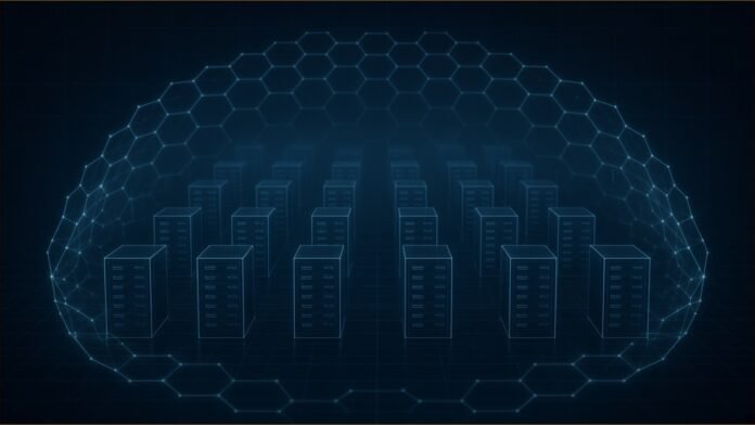 Illustration of rows of glowing server racks enclosed by a protective hexagonal mesh of light