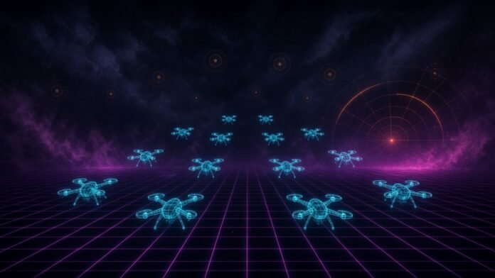 Symbol-only illustration of glowing cyan wireframe drones rising from a neon grid toward faint orange targets under radar arcs in a night sky.