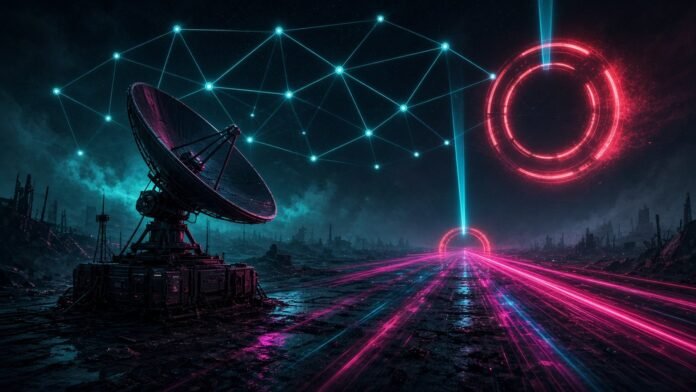Fast-moving node streaking across a dark battlefield grid as its uplink beam to a satellite constellation snaps