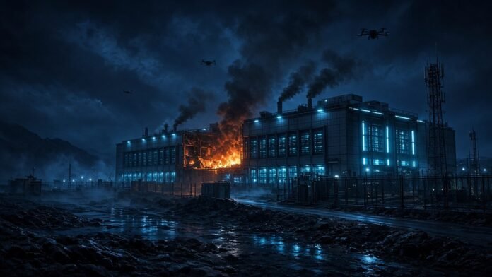 Dark riverside data-centre block glowing at night, a scorch mark on one corner, abstract drones above