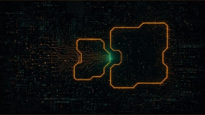Unconventional AI to Buy Chipmaker NeuReality | TSN Illustration of two amber chip outlines, one large and one small, interlocking like puzzle pieces with circuit traces flowing between them