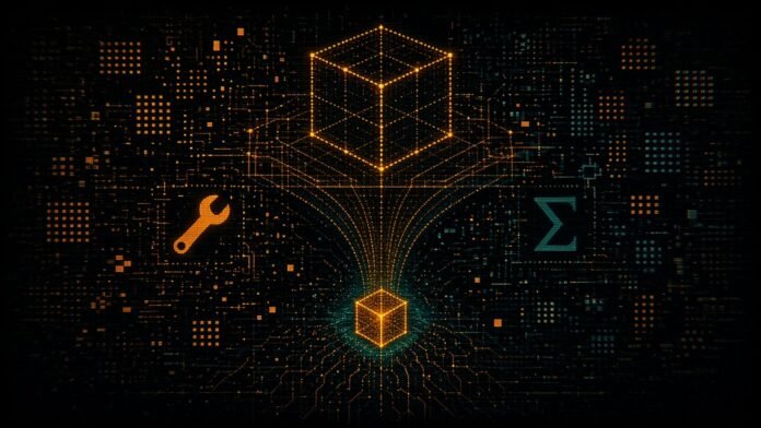 Underdog Saluki 27B: Tool Calling Up on Its Own Test, Competition Maths Down, in a 7.89 GB File A large dotted cube compressing through a funnel into a small bright cube, with a wrench glyph on one side and a dimming sigma glyph on the other.