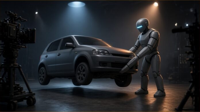 Illustration of a faceless grey humanoid robot lifting the front of a plain hatchback under studio spotlights, with film cameras at the edges