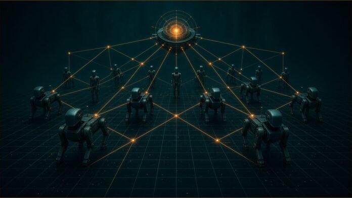 Unitree Releases UniUni Swarm Control Software | TSN A formation of quadruped and humanoid robots linked by amber network lines to a central control node.
