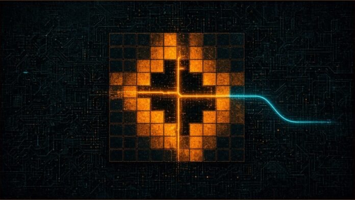 UNM Cyber Event Diverts Ambulances, Shuts Clinics | TSN Illustration of an amber grid block with half its cells dark and a bright plus-shaped light path, with a teal line detouring away