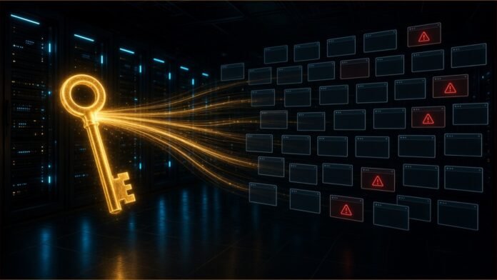 Illustration of a glowing key splitting into copies that drift towards a grid of website windows, some flagged red