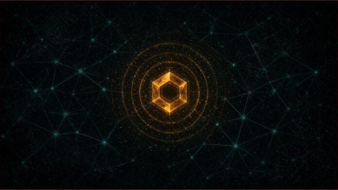 Illustration of a glowing amber hexagon sending pulses through a web of linked teal nodes.