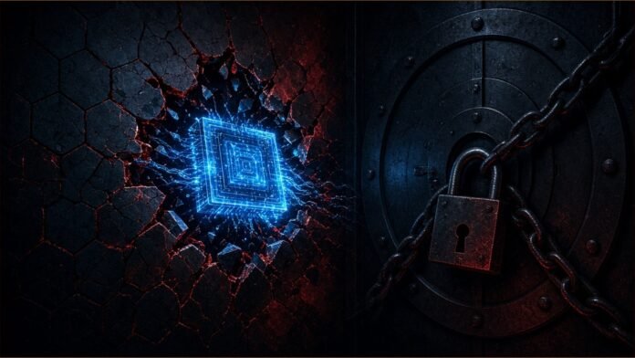 Illustration of a glowing chip pulled through a cracked wall beside a chained, padlocked vault door.
