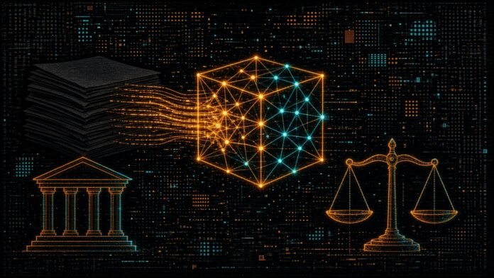 USA Today and 13 Sister Publishers Sue OpenAI Over Copyright: What the Complaint Alleges A stack of blank folded newspapers feeding a glowing neural-network cube beside a wireframe courthouse and balance scale.