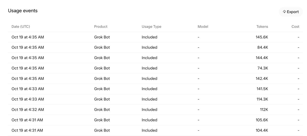 Usage events table with an Export control — from @tejas3732’s post; one user’s account view, not an official doc screenshot