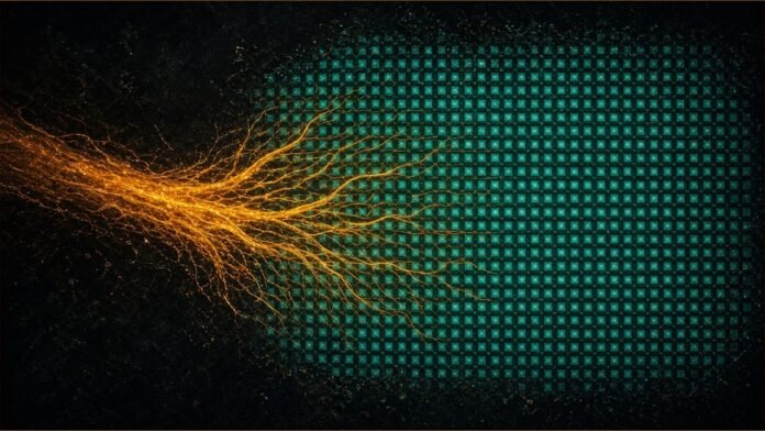 Illustration of an amber stream branching into fine channels across a teal grid.