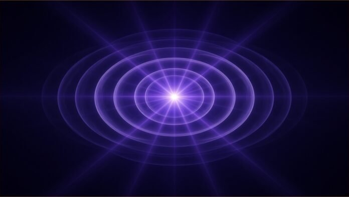 Illustration of a single bright point of light held at the centre of concentric violet field rings and converging beams
