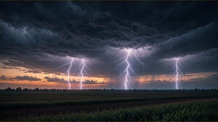 Illustration of lightning bolts striking over dark farmland at dusk beneath heavy storm clouds and a faint forecast grid
