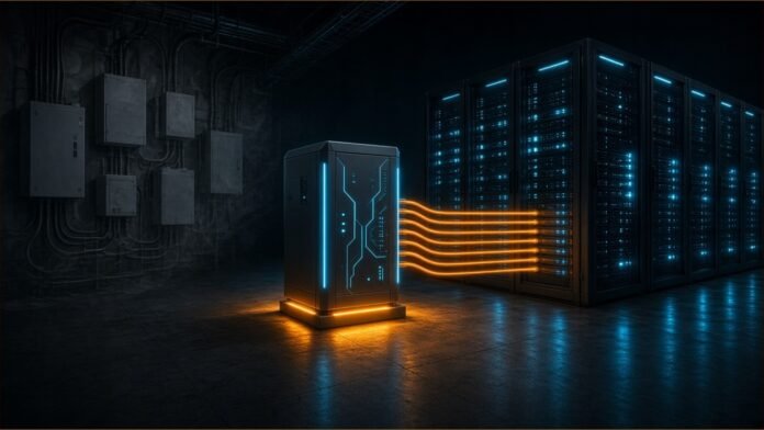 Illustration of a glowing power cabinet on a dark floor, cabled by orange lines to rows of server racks