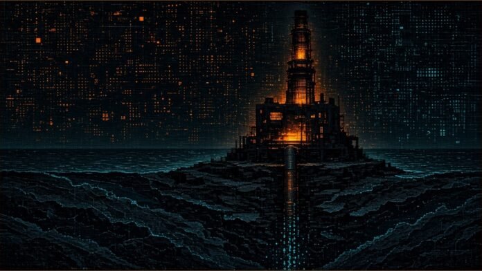 Illustration of an industrial plant glowing amber with a pipe carrying cyan gas down into rock beneath the sea