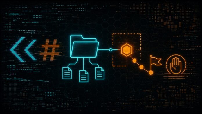 Symbol-only illustration of a folder tree wired to a glowing hexagonal core, with a dashed sandbox box, a chain of checkpoint dots with a flag, and a hand-stop glyph, fed by bracket and hash glyphs on the left.