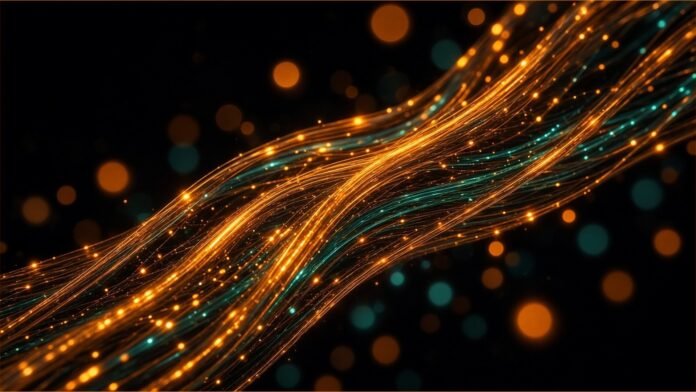 Illustration of glowing amber and teal optical fibre strands sweeping through darkness with travelling light pulses