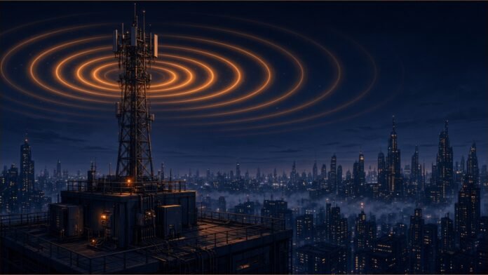 A rooftop radio mast emitting amber wave rings over a night city.