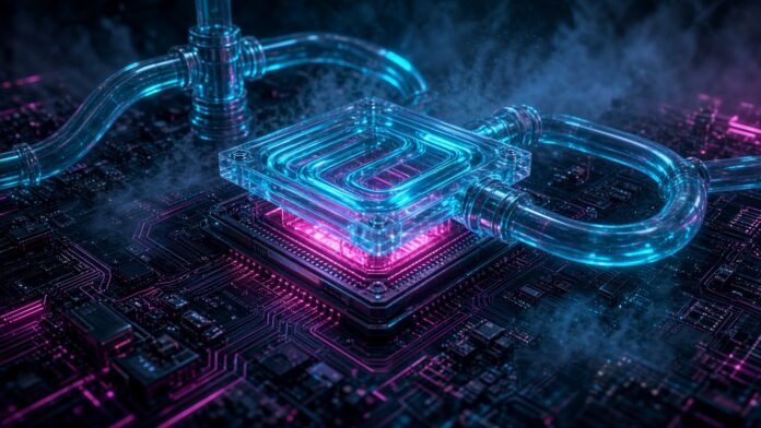 Symbol-only illustration of a glowing processor chip under a translucent cold plate with neon-cyan coolant flowing through clear pipes.