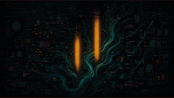 Vertiv Lifts 2026 Forecast as Orders More Than Double | TSN Illustration of two glowing amber columns of dots, one twice as tall, rising out of flowing teal current lines.
