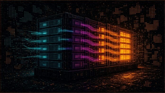 Dense GPU rack silhouette upgrading from cool teal modules to hot amber compute blocks