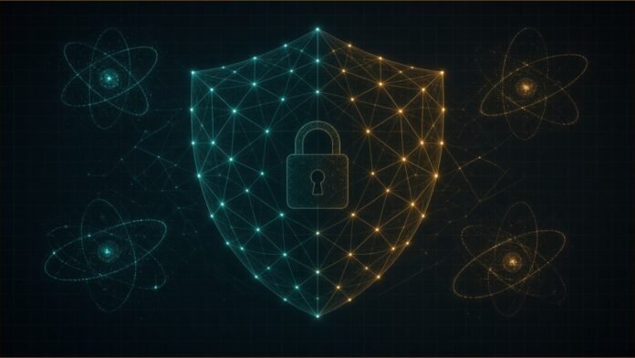 A glowing lattice shield with a lock at its centre and orbiting particles.