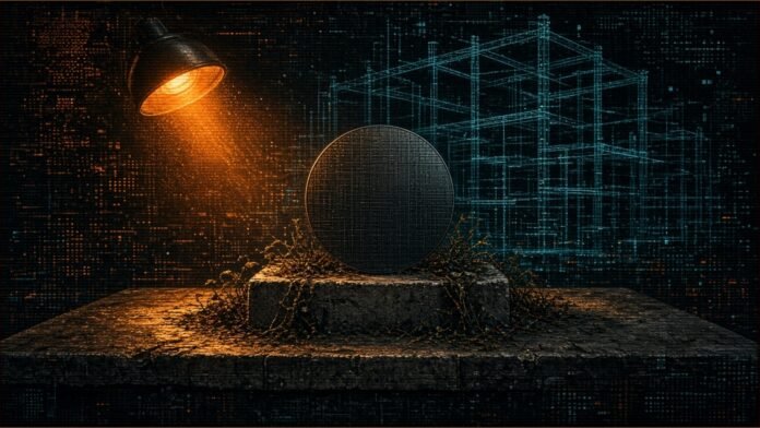 Reuters: Vietnam's First Chip Fab May Miss 2027 | TSN Illustration of a bare silicon wafer standing on an overgrown concrete slab beside the wireframe outline of an unbuilt factory