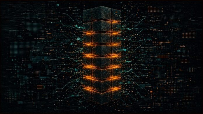 FBI and Dutch Police Hit Virtualine Hosting | TSN Illustration of a column of dark stacked blocks with glowing amber seams as thin teal lines around it snap and fade.