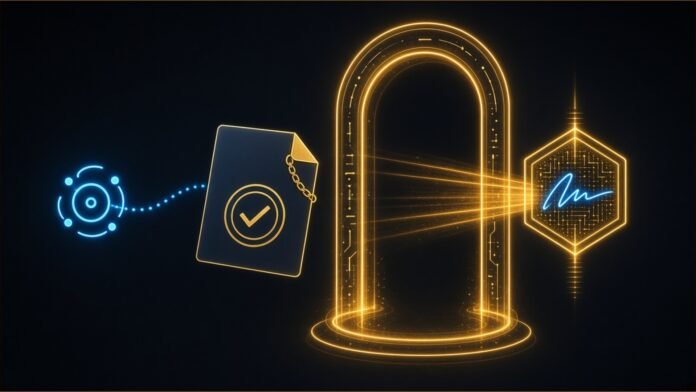 Visa Pilots AI Agents Paying B2B Invoices With BILL | TSN Illustration of an agent glyph carrying an approved invoice card towards a glowing gateway that scans a signature badge.