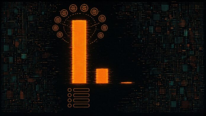 Symbol-only illustration of a tall cyan bar column beside a much shorter orange column and a tiny magenta bar, with dashed-outline coin glyphs hovering above the tall column and a blank survey checklist below, on a dark circuit grid.