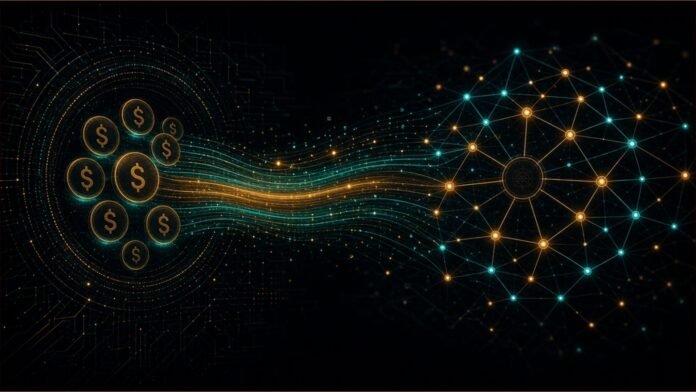 Illustration: glowing USDC coin tokens flowing through a translucent payment rail into a globe of light nodes, teal and violet on dark.