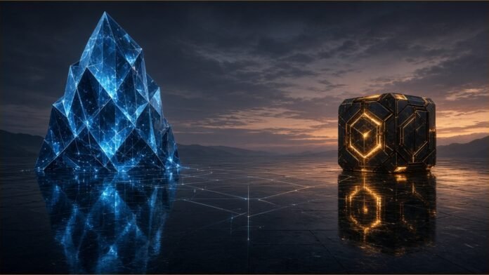 Illustration of a blue crystal monolith and an amber cube facing each other across a dark plaza, joined only by faint unconnected lines of light