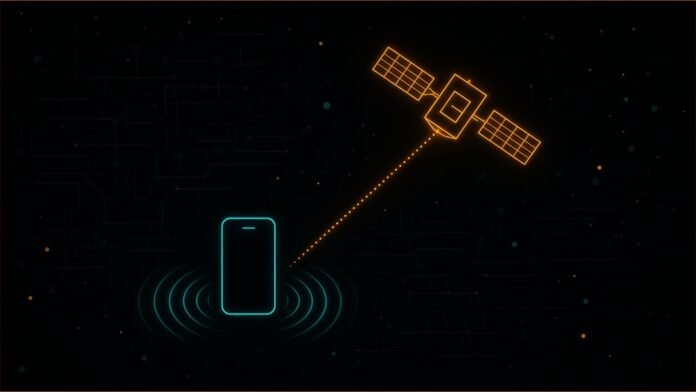Vivo Satélite Brings Starlink Messaging to Brazil | TSN Illustration of an amber satellite outline sending a dotted beam down to a teal phone outline ringed by signal arcs