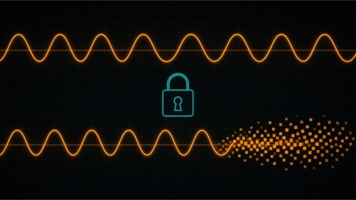 Illustration of two amber audio waveforms, the lower one breaking into square pixels, with a teal outlined padlock between them on a dark grid