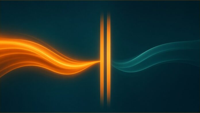 Volkswagen Electric Golf Development Paused | TSN Illustration of Volkswagen electric Golf concept in teal and amber: a flowing amber current of light that stops at two vertical amber bars, continuing beyond them only as a faint teal ribbon on a dark teal field.